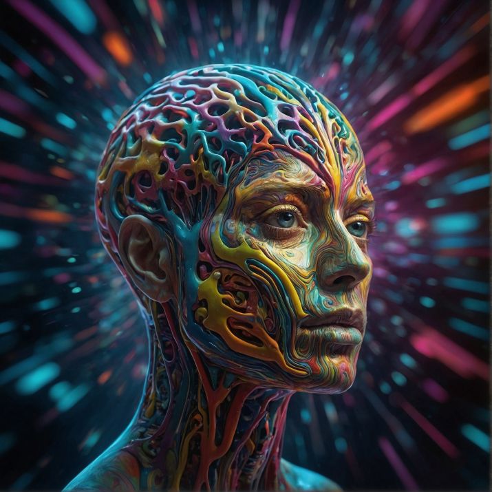 A female head. A highly colorful coral neural network brain. Rainbow colored woodgrain skin. Generated by LeonardoAI.